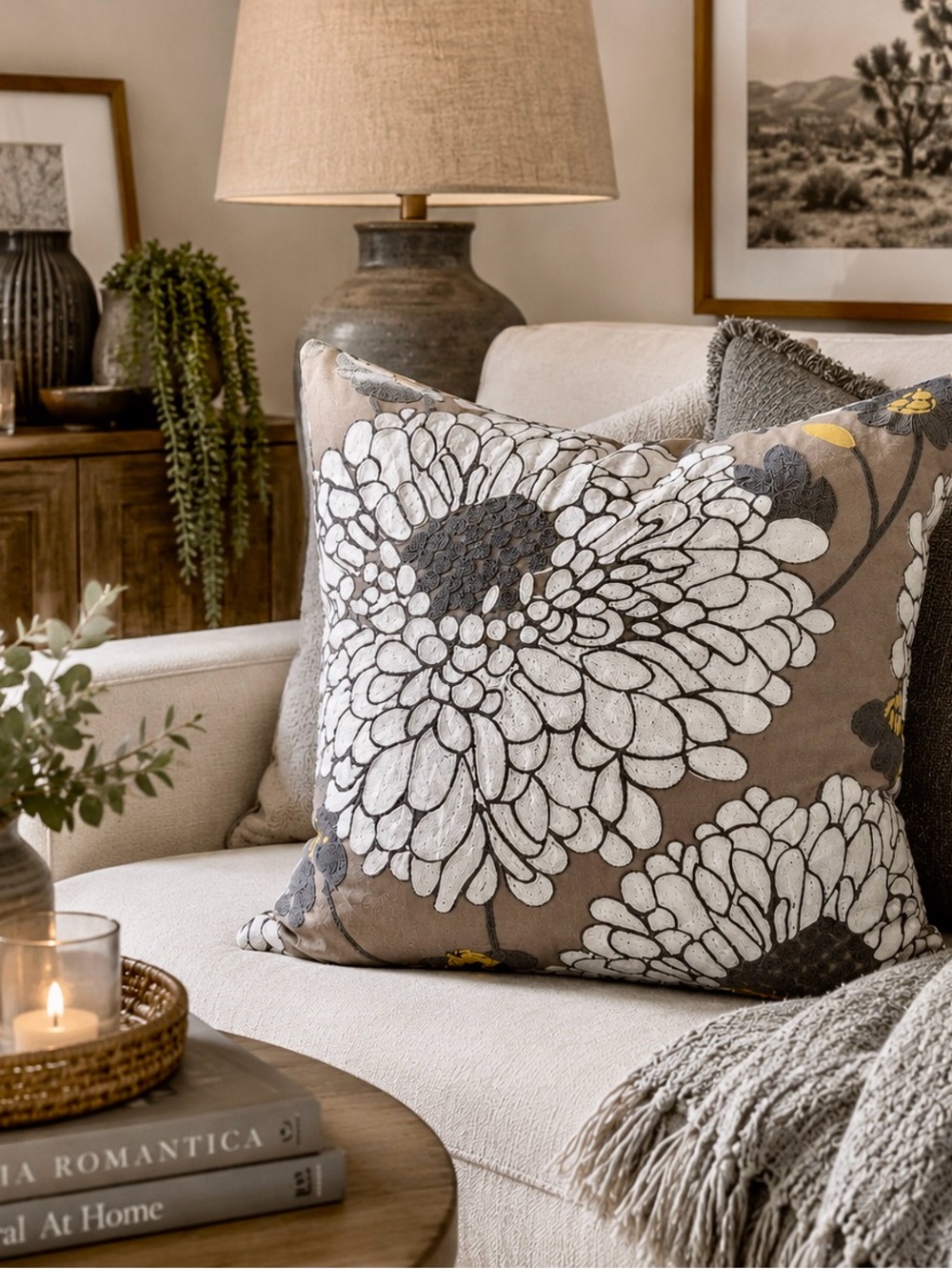 Decorative Floral Throw Pillow - Gray with White & Yellow Accents